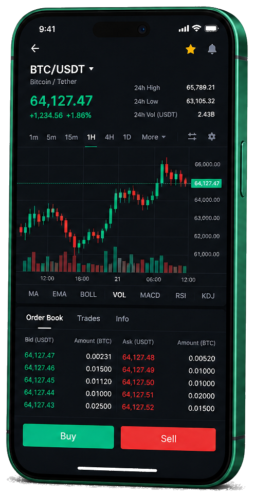 Interface mobile de trading OsteoNova — cours BTC/USDT en temps réel, carnet d’ordres et outils de suivi des transactions